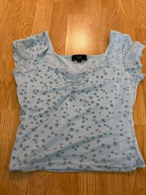 Vibe Women's Light Blue Floral Mesh Top - Lace Trim
